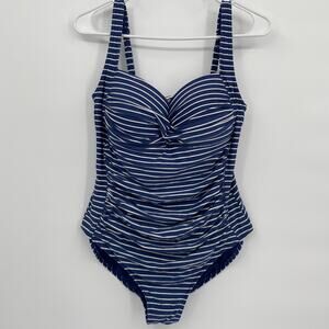 Niptuck Swim One Piece Blue Stripe Multi Fit Cup Swimsuit Size 10 Retro